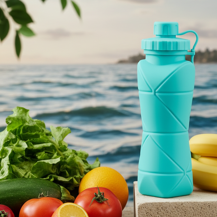 600ml Foldable Silicone Water Bottle – Reusable Leakproof Sports Bottle